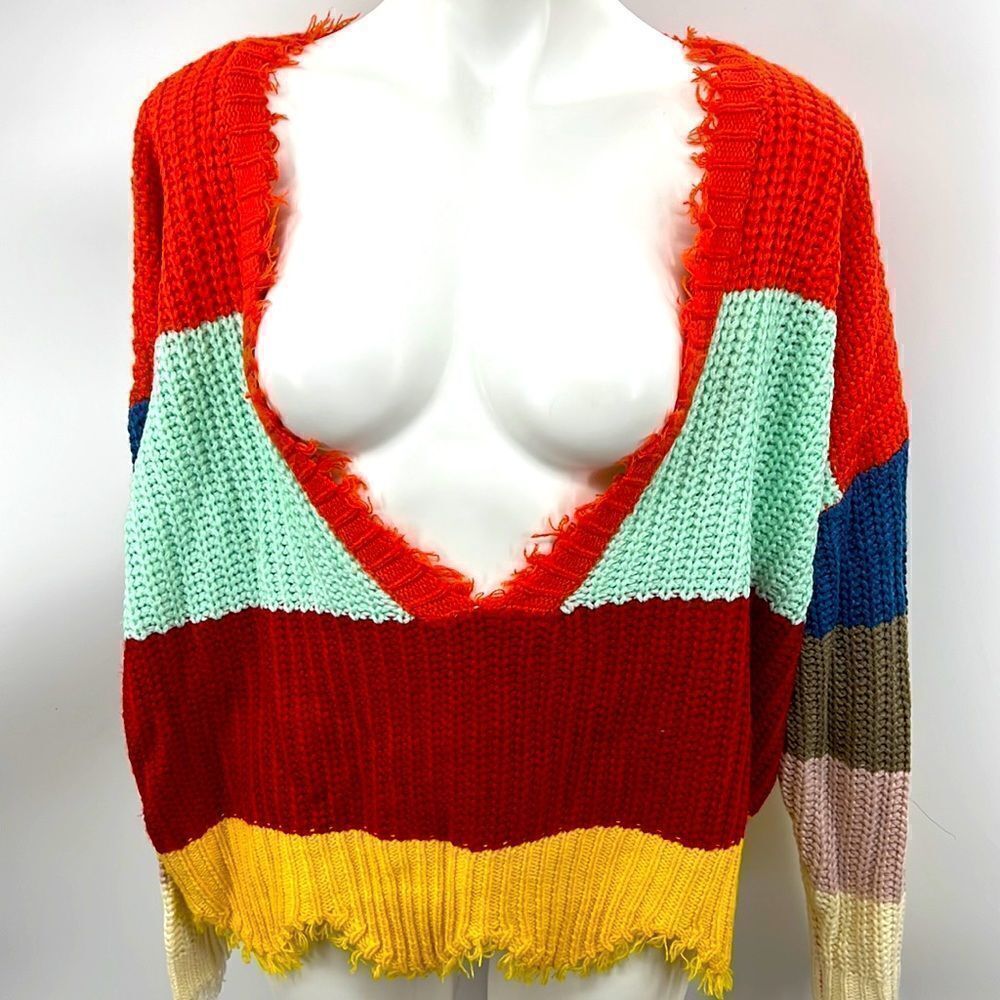 Bibi color block deep V neckline sweater
